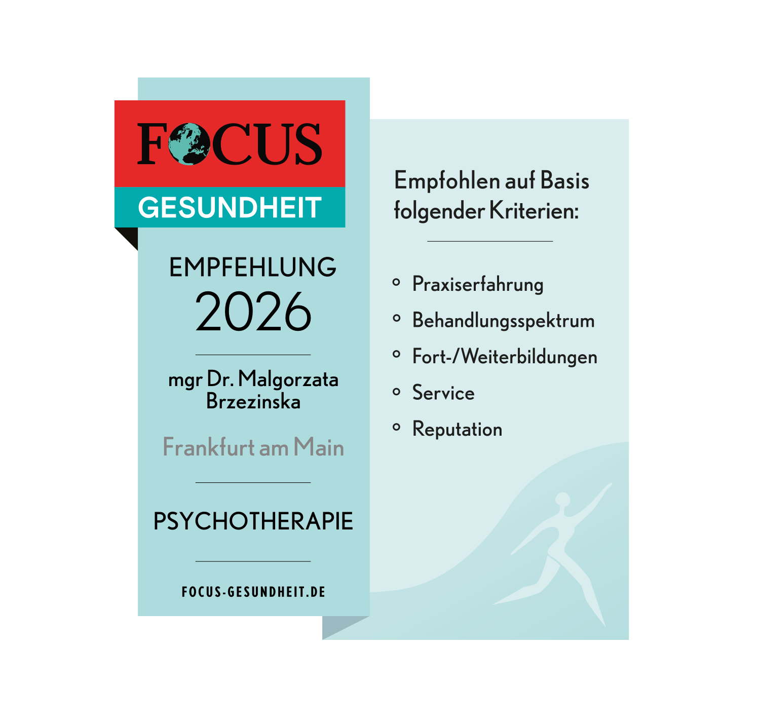 FOCUS-Gesundheit-Empfehlung 2026 für Psychotherapie: Dr. Małgorzata Brzezińska, Frankfurt am Main