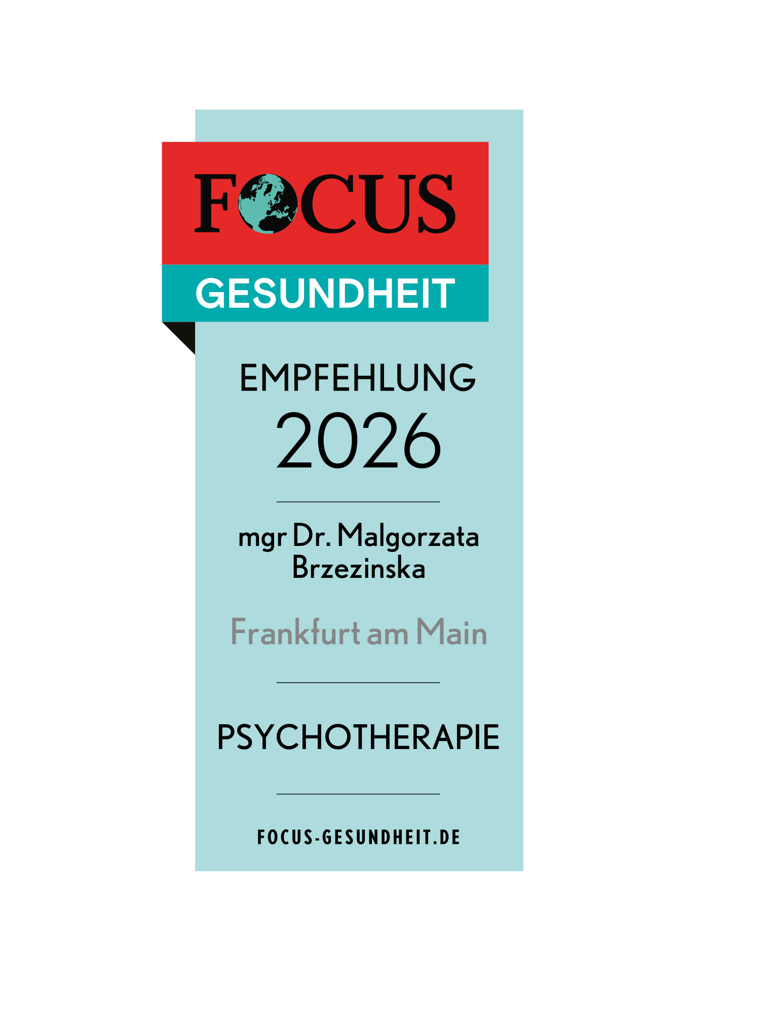 FOCUS Gesundheit 2026 recommendation for psychotherapy: Dr Małgorzata Brzezińska, Frankfurt am Main